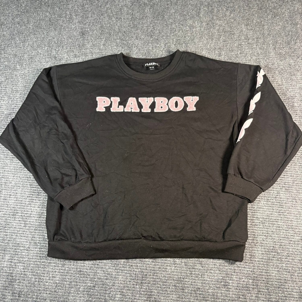 Playboy Sweatshirt Women M Black Excellent Chenille Patch Logo Sleeve Graphic